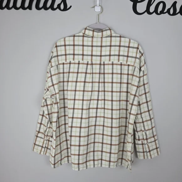Everlane Boxy Flannel Cream Brown Plaid Button Down Shirt Sz Women's Medium NWT - Picture 8 of 13